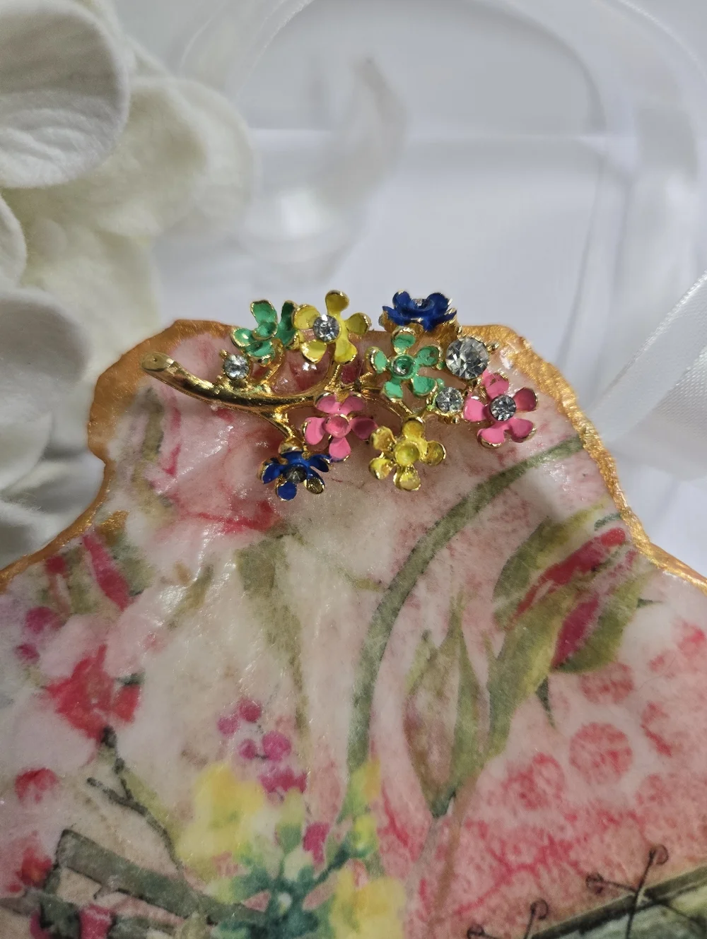 Hand Gilded Upcycled Jewelry Art Decoupage Shell Trinket Dish - Micro Florals